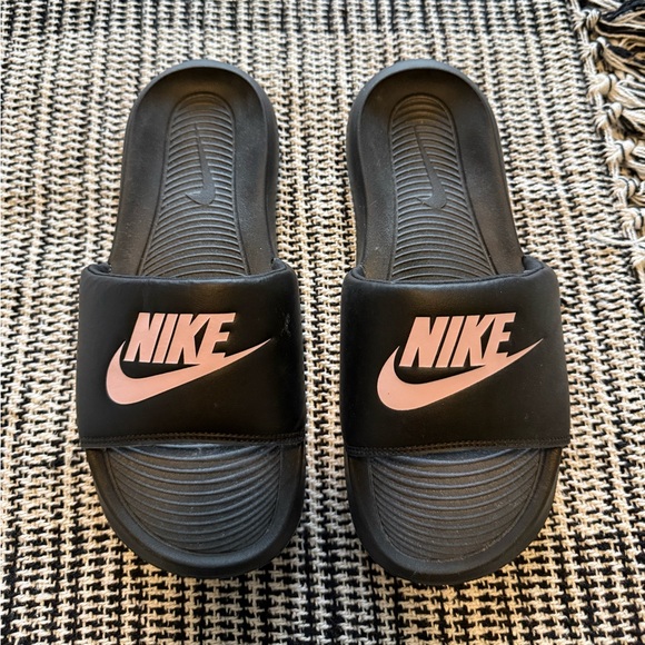 Nike Shoes - Nike Black Slides with Pink Logo